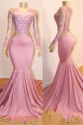 Chic Pink Appliques Long Sleeves Mermaid Sweep Train Prom Dress